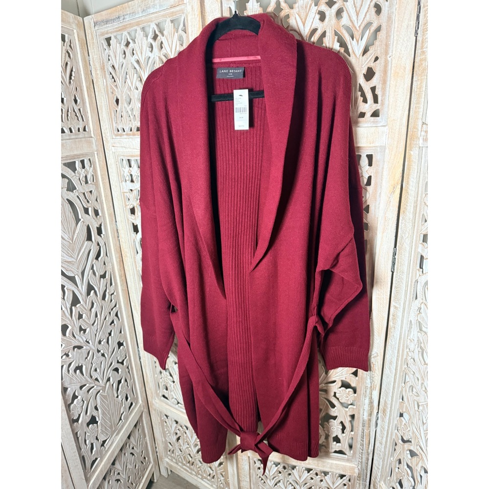 Lane Bryant Burgundy Long Belted Cardigan Ribbed Shawl Sweater 26/28 NEW